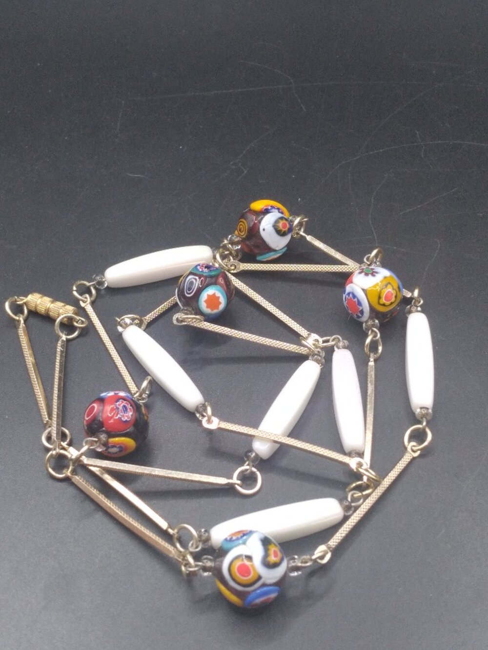 Vintage Venetian Glass Beads and Rainbow White Glass Beads   34'' Necklace